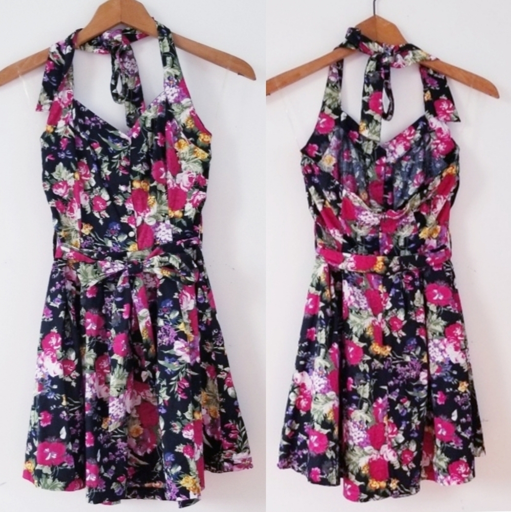 579 flower print halter mini multi colored dress
